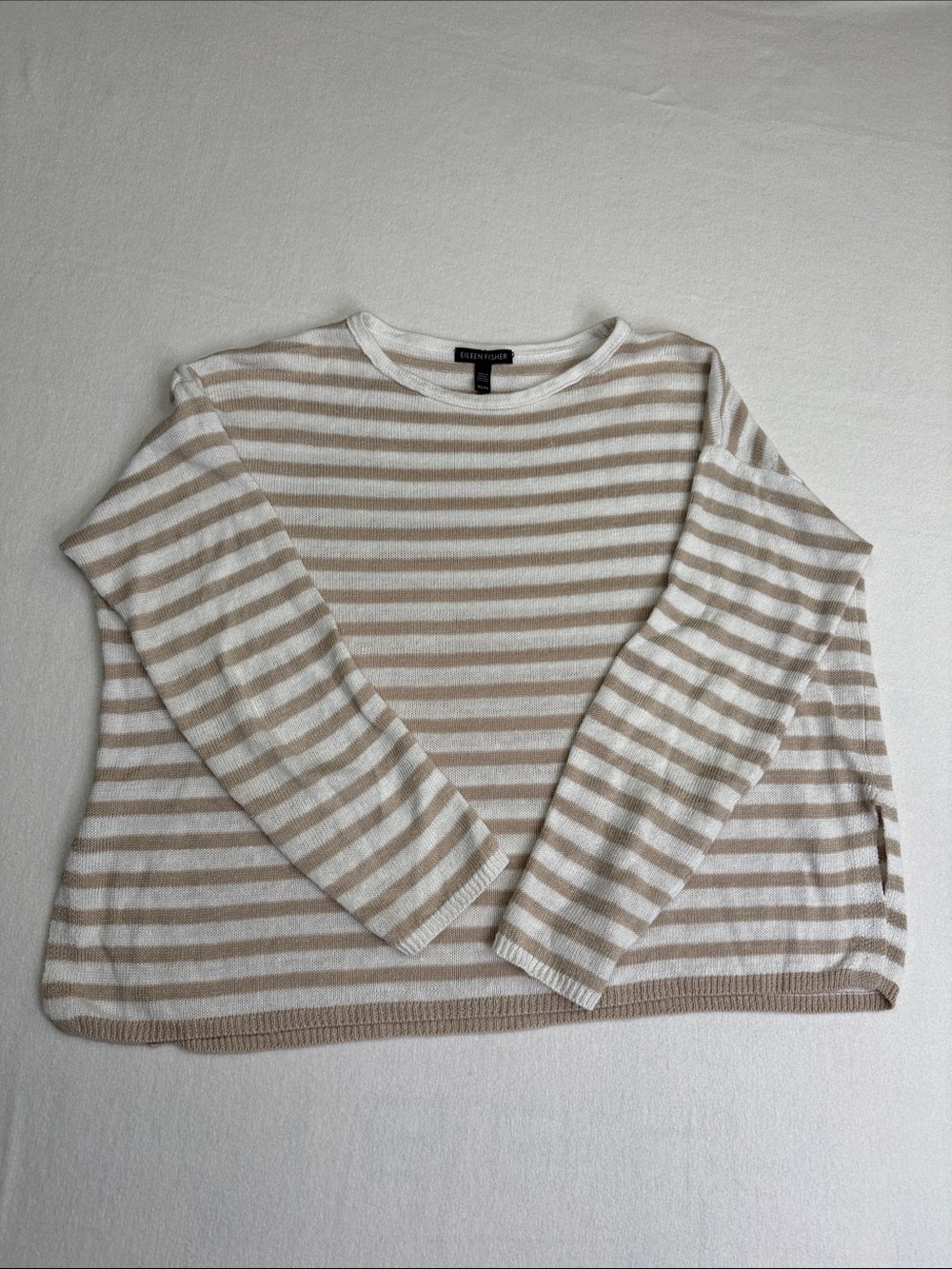 Eileen Fisher Cream and Tan Striped Linen Crewneck Sweater